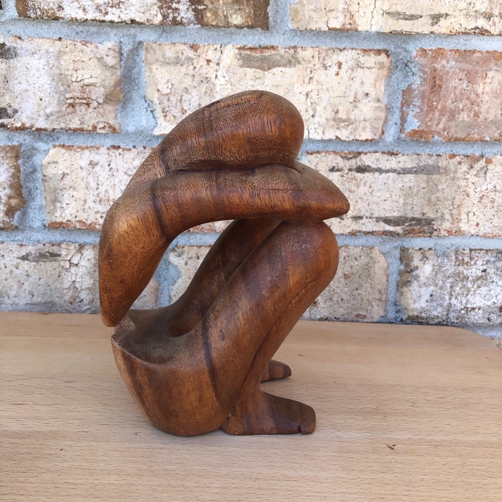 Vintage‎ Brown Resting Man Abstract Rustic Hand Carved Wooden Sculpture Art - Picture 5 of 10